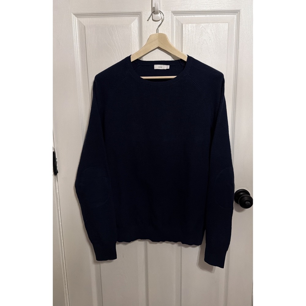 Onia Waffle Cotton Cashmere Sweater Men's L Navy Blue  Pullover Elbow Patch $175